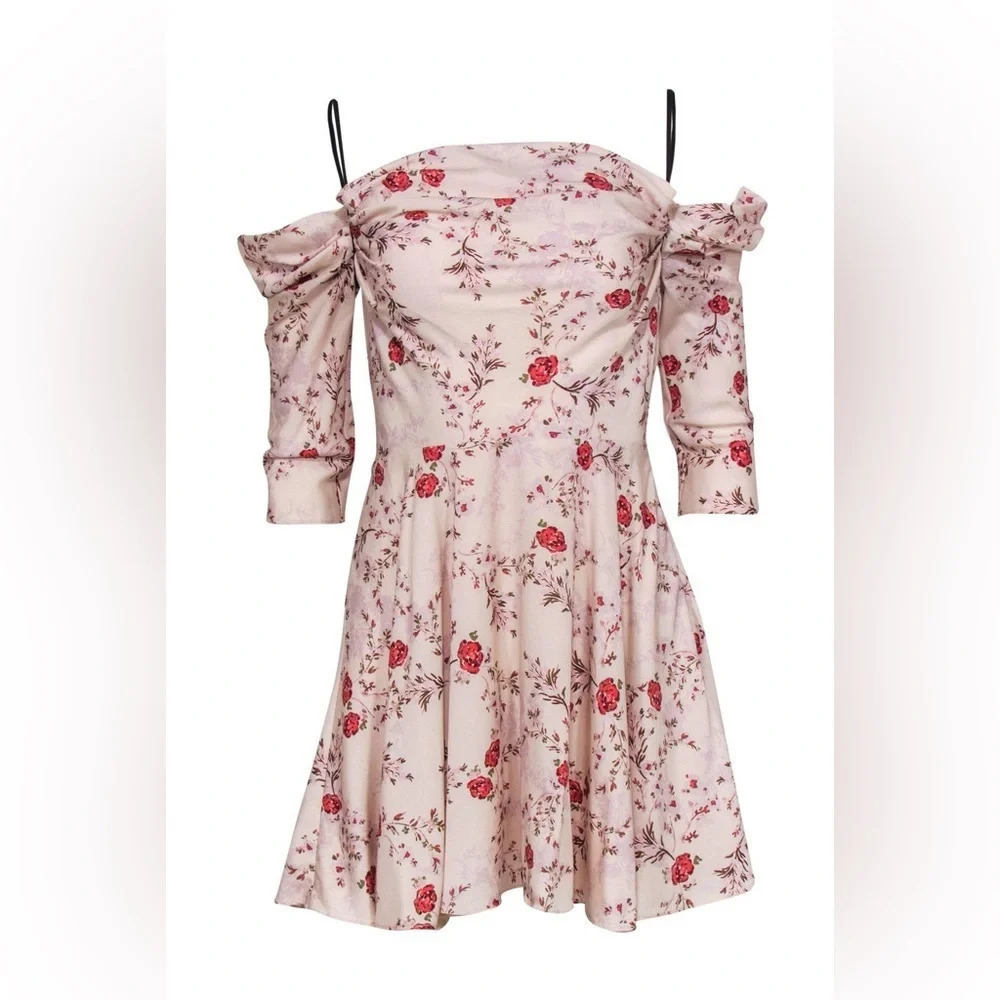 Lovers + Friends Pink Rose Print Cold Shoulder Fit & Flare Dress